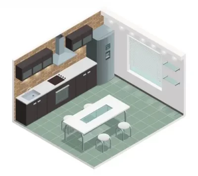 Plan en 3D par L. Cuisine et Aménagement d'une cuisine sur mesure, mettant en valeur l'agencement optimal de l'espace. Ce plan détaillé offre une vue immersive de la disposition des meubles, des appareils électroménagers et des zones de travail.